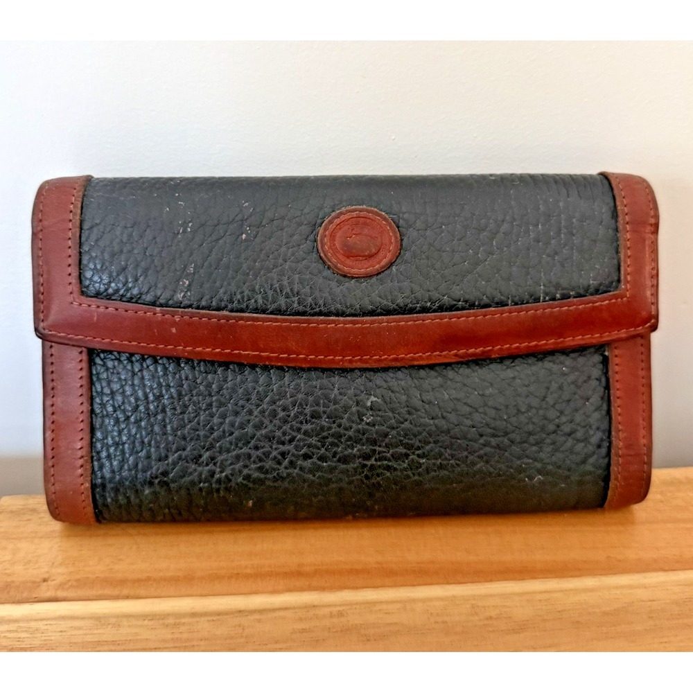 Vintage Dooney & Bourke Black Brown Leather Wallet Kiss Lock Coin Purse Preppy